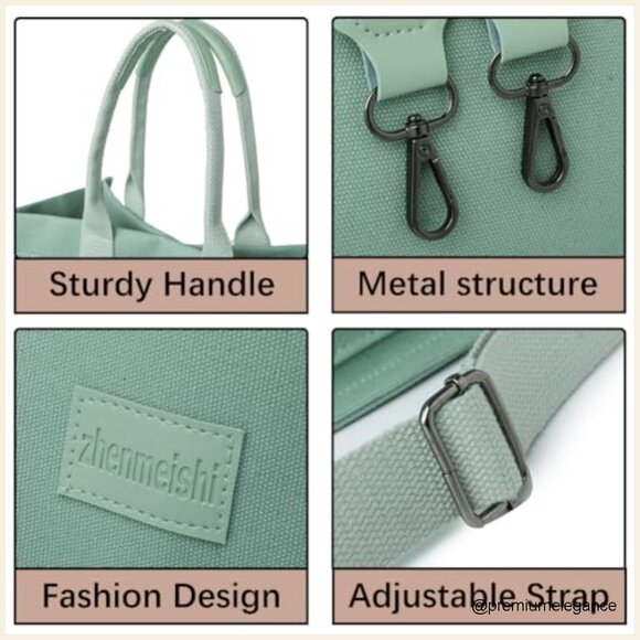 Canvas Tote Bag with Adjustable Strap Multiple Pockets Large Capacity Hobo - Picture 3 of 7